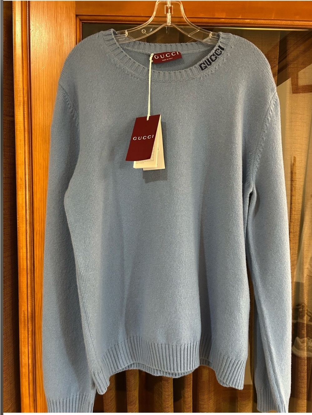 Men’s Gucci, light blue felted wool neck, crewneck sweater size XXXL